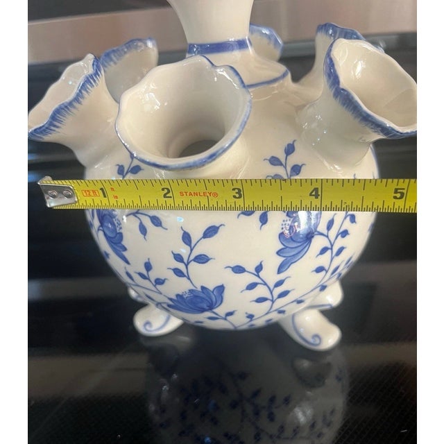 Mid-Century Modern Vintage Andrea by Sadek Blue in Bloom Williamsburg 7 Neck Blue and White Tulip Vase For Sale - Image 3 of 5