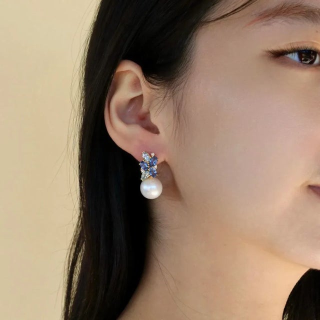 Nina Zhou Jewelry Nina Zhou Sapphire, Aquamarine and Diamond Cluster Pearl Convertible Drop Earrings in 14k Yellow Gold, a Pair For Sale - Image 4 of 10