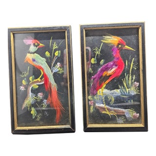 Vintage Pair of Hand Painted Mexican Feather Art of Birds W/ Real Feathers Framed For Sale