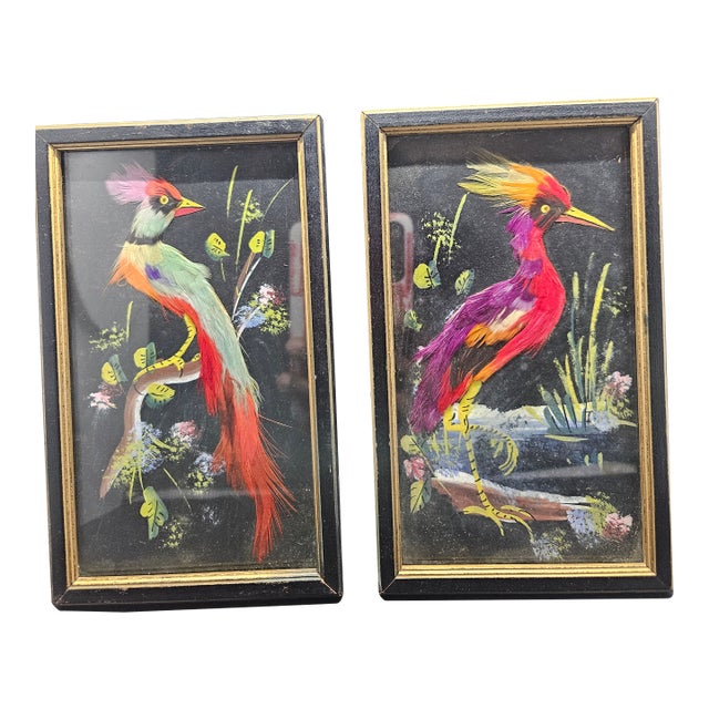 Vintage Pair of Hand Painted Mexican Feather Art of Birds W/ Real Feathers Framed For Sale