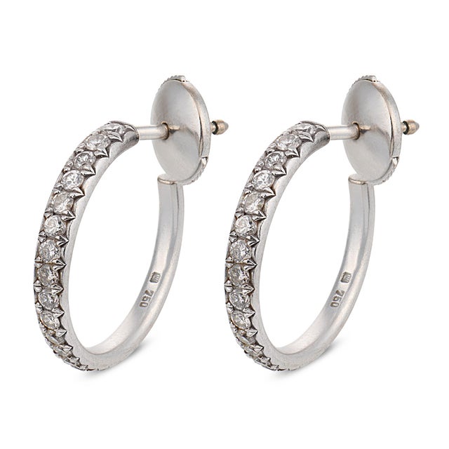 Contemporary Vintage Diamond 18k White Gold Hoop Earrings, A Pair For Sale - Image 3 of 7