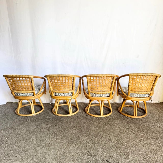 Mid 20th Century Boho Chic Rattan Wicker Swivel Arm Dining Chairs - Set of 4 For Sale - Image 5 of 9