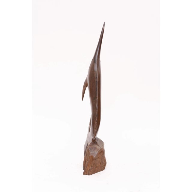 Hand Carved Mid Century Modern Teak Marlin Fish Wooden Spearfish Sculpture For Sale - Image 4 of 8
