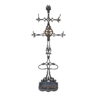 19th Century Antique Victorian Cast Iron Rococo Hall Tree Coat Hook Umbrella Stand For Sale