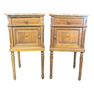French Louis XVI Revival Oak Marble Top Night Stands -a Pair For Sale
