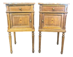 French Louis XVI Revival Oak Marble Top Night Stands -a Pair