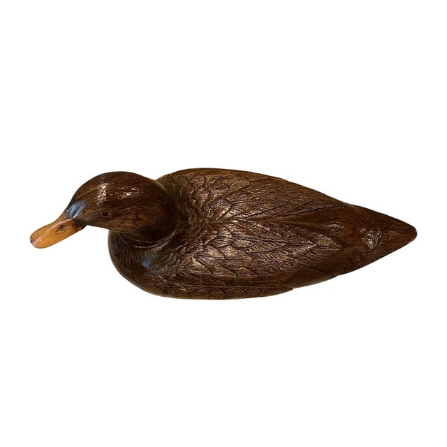 Brown Vintage Hand Carved Wood Duck Decoy Figure / Statue / Object With Amber Eyes For Sale - Image 8 of 9