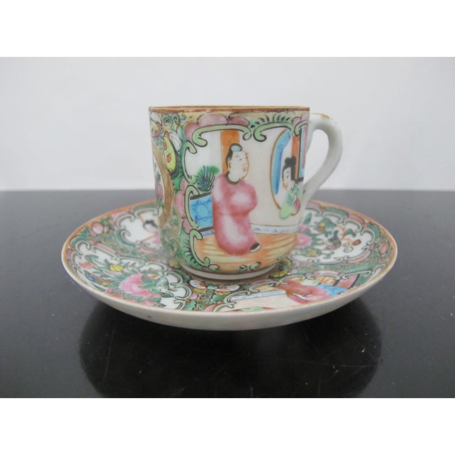 Early 20th century Chinese Export Famille Rose Medallion porcelain demitasse cup and saucer set. Delicate porcelain...