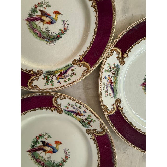1940s Myott Chelsea Bird Dinner Plates 9 7/8” Burgundy Transferware England - Set of Eight (8) For Sale - Image 10 of 12