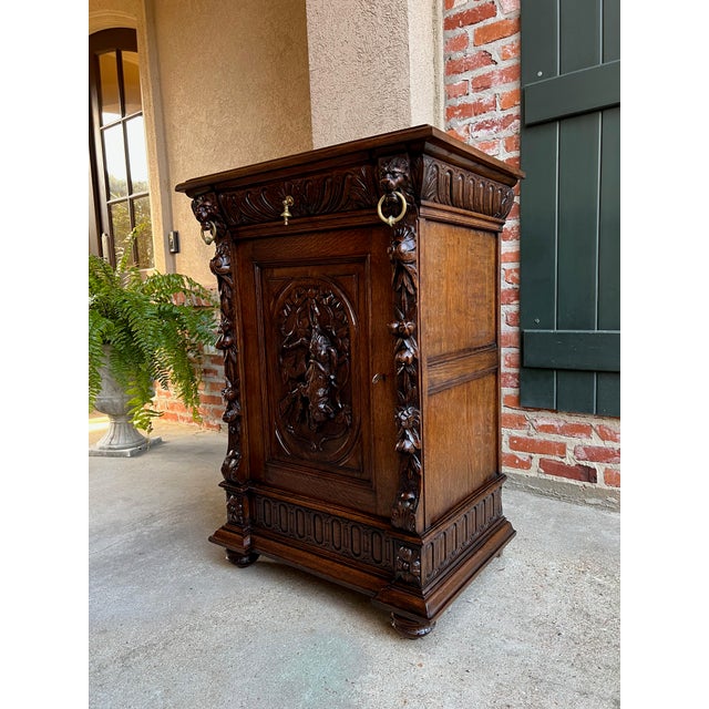 Wood 19th Century French Carved Oak Hunt Cabinet Confiturier Liquor Bar Black Forest Fox For Sale - Image 7 of 13