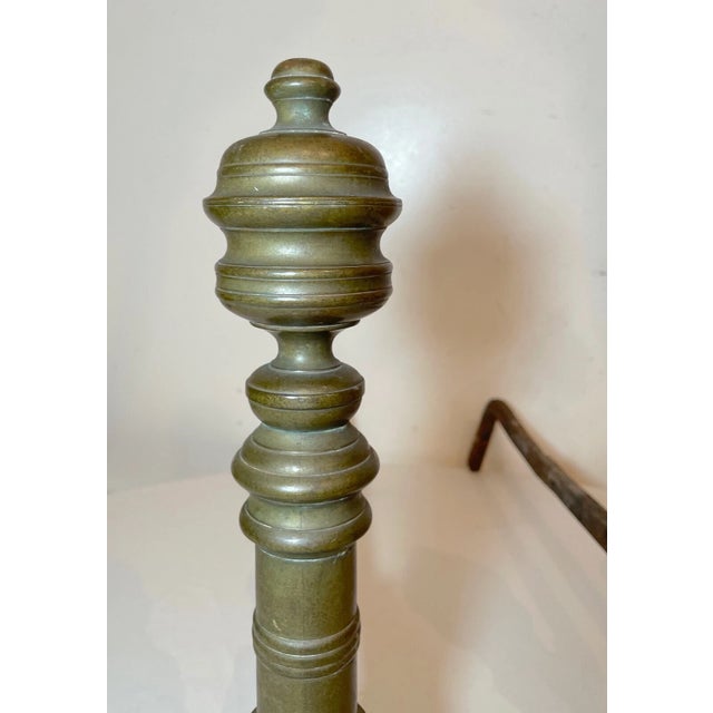 Pair of Turned 18th Century Peened Brass Wrought Iron Georgian Andirons 1700's For Sale - Image 4 of 12