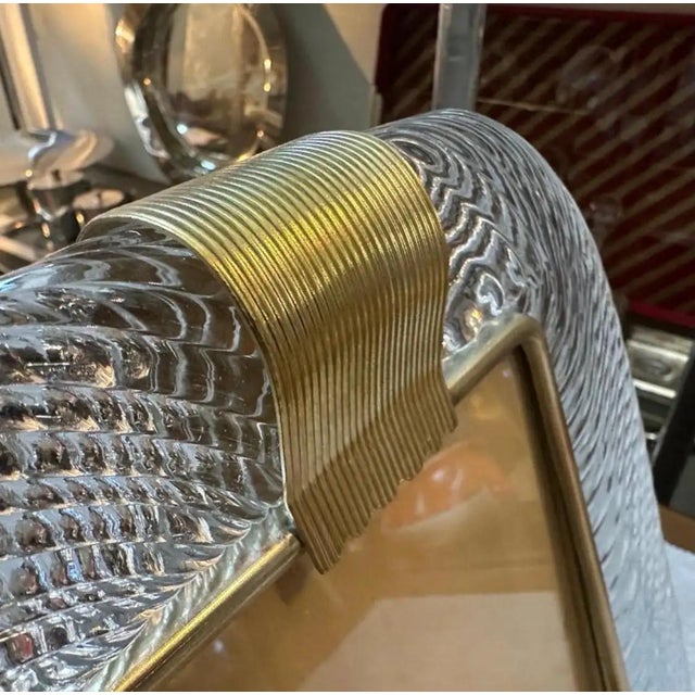 Venini 1980s Barovier Style Art Deco Murano Glass and Brass Rectangular Picture Frame For Sale - Image 4 of 9