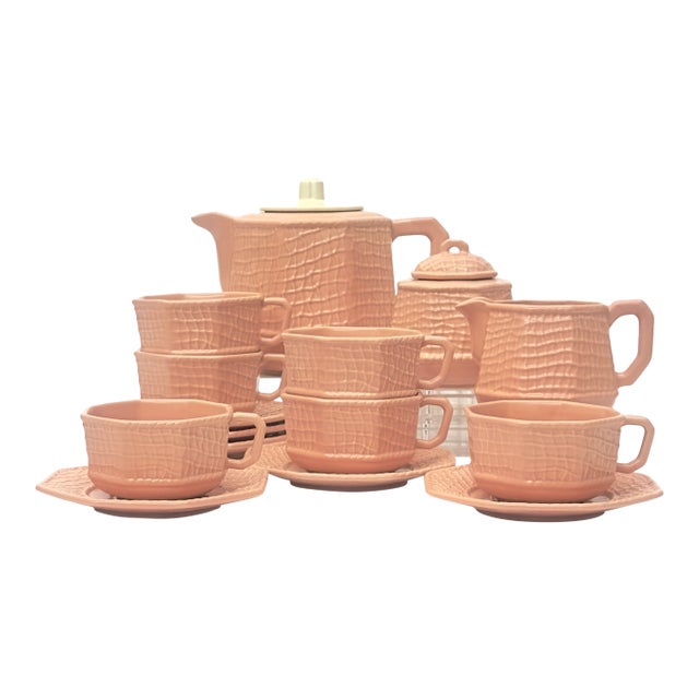 Blush Colored Tea Set With Textural Netting Motif by Bordallo Pinheiro Portugal - 16 Pieces / Serves 6 For Sale