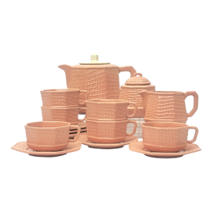 Blush Colored Tea Set With Textural Netting Motif by Bordallo Pinheiro Portugal - 16 Pieces / Serves 6