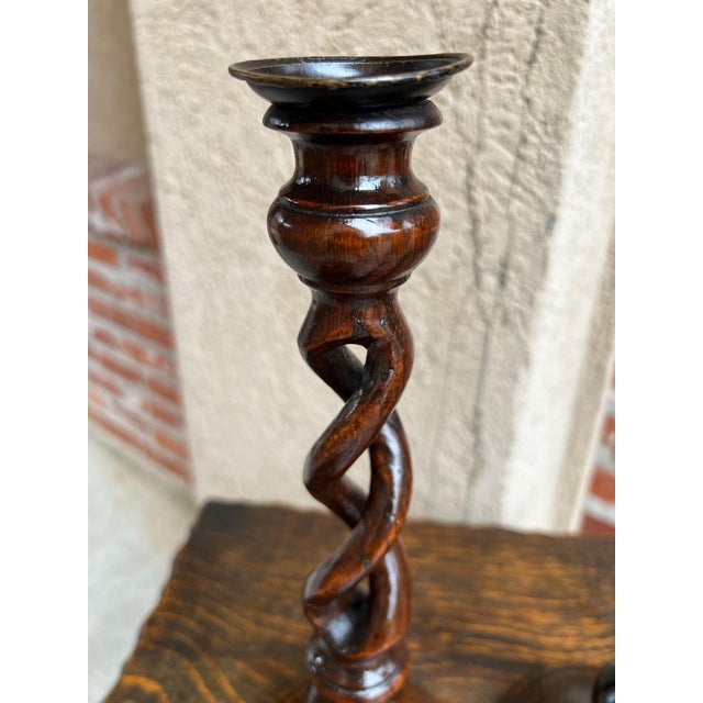 Antique English Oak Open Barley Twist Candlesticks Jacobean Pair C1860 12.5” For Sale - Image 16 of 18