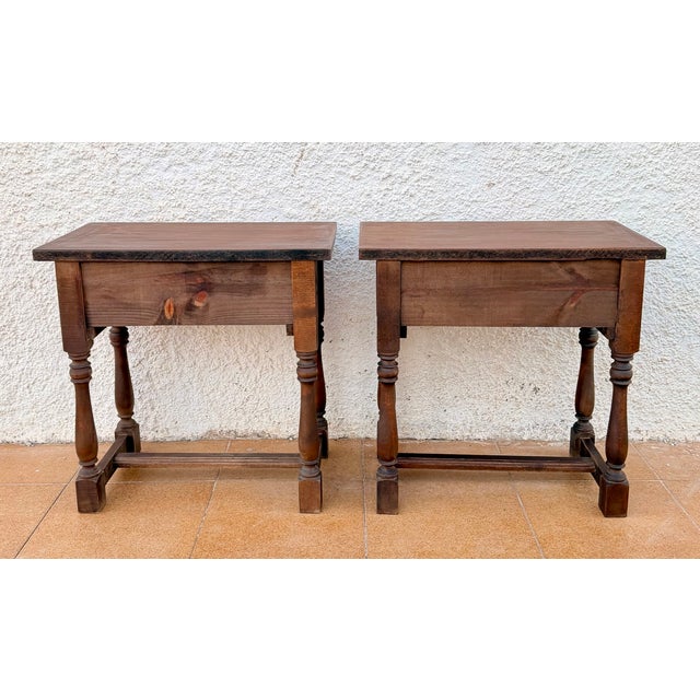 Pair of Spanish Wood Bedside Tables With Paneled Drawers, Mid-20th Century For Sale - Image 10 of 10