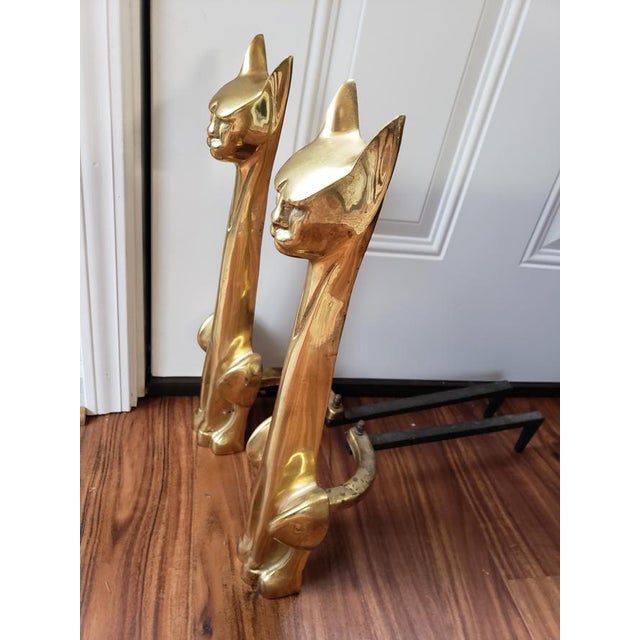 1950s Mid Century Modern Brass Siamese Cat Fireplace Andirons a Pair
