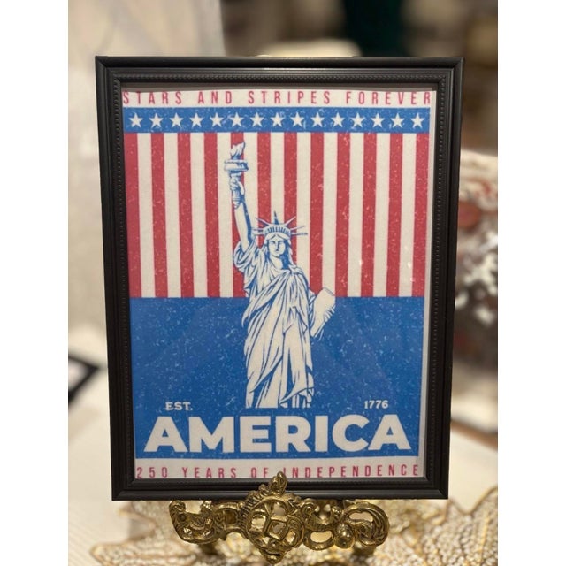 Mid-Century Modern Patriotic Statue of Liberty Framed 8x10 Art - Blue & Red For Sale - Image 3 of 3