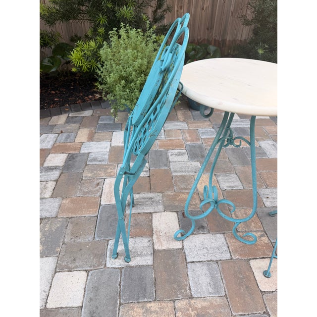 Vintage Turquoise Iron Garden Bistro Set With Floral Mosaic Folding Chairs For Sale - Image 9 of 12