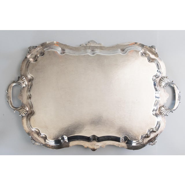 Large Antique English Silver Plate Rectangular Footed Serving Tray With Handles For Sale - Image 11 of 13