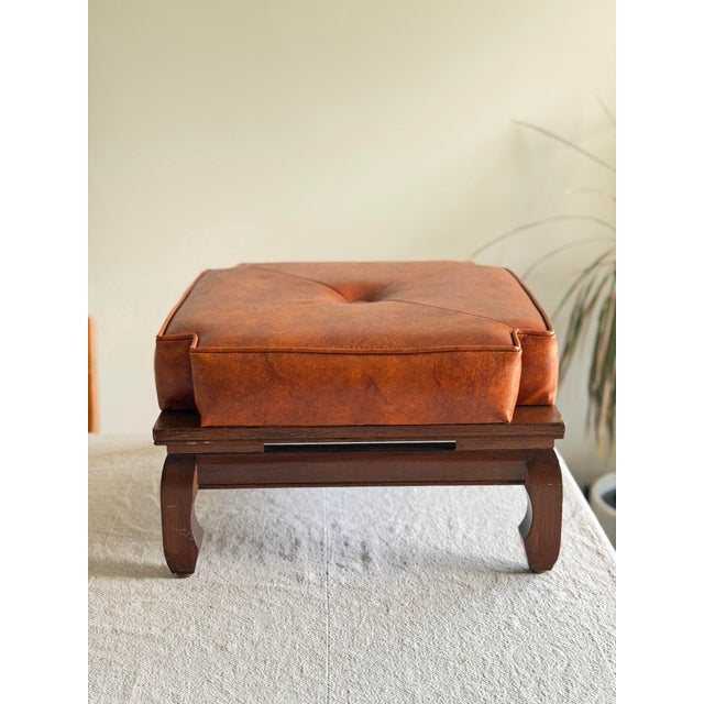 1960s Ricardo Lynn Mid-Century Modern Leather Ottoman Stool With Carved Wood Base For Sale - Image 11 of 11