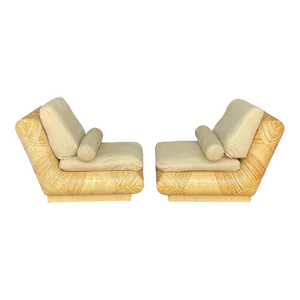 Gabriella Crespi Style Low Natural Bamboo Lounge or Slipper Chair-A Pair