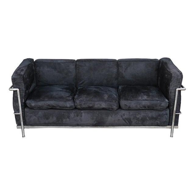 LC2 3-Seater Children's Sofa in Black Brushed Velvet with Tubular Chrome Frame For Sale