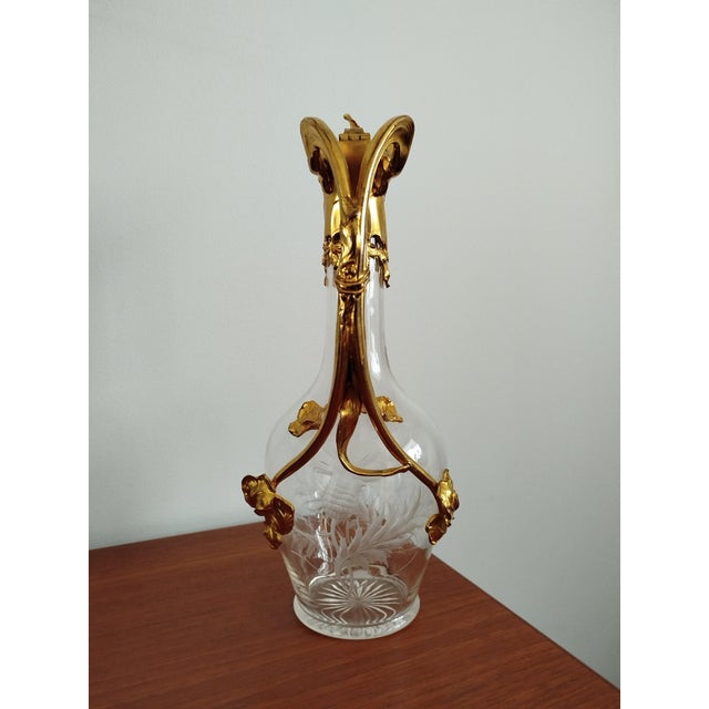 Antique Art Nouveau Belle Epoque Jug in Gilt Metal Ormolu and Hand-Engraved Glass, 1900s For Sale - Image 13 of 18