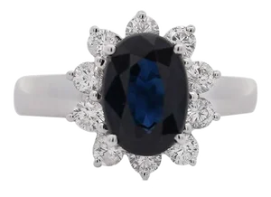 2 Carat Oval Cut Blue Sapphire & Round Diamond Halo Setting Statement Ring Size 6.5