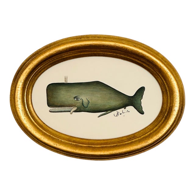 Original Hand-Painted Whimsical Baby Whale Painting in a Vintage Italian Gold Frame For Sale