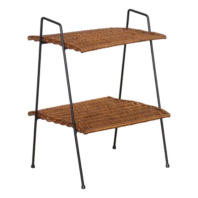 1950s French Wicker and Iron Side Table For Sale