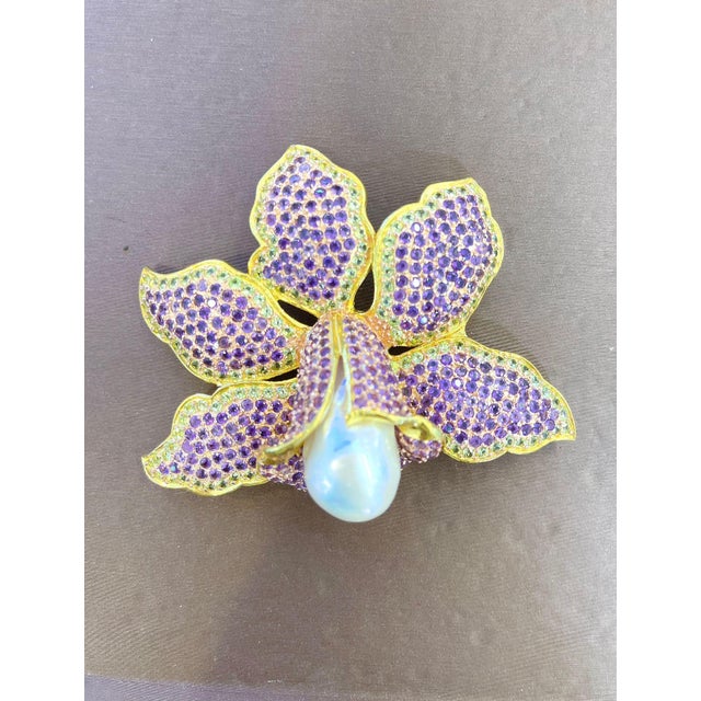 Bochic "Orient" Vintage Amethyst & Pearl Large Brooch, 18K Gold & Silver For Sale - Image 17 of 18
