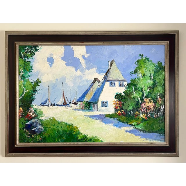 Impressionist Large Late 20th Century Signed Original Impressionist Painting of Seaside Villa and Sailboats, Framed For Sale - Image 3 of 12