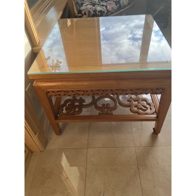 Chinoiserie Late 20th Century Asian-Style Carved Wood Coffee Table With Glass Top For Sale - Image 3 of 4