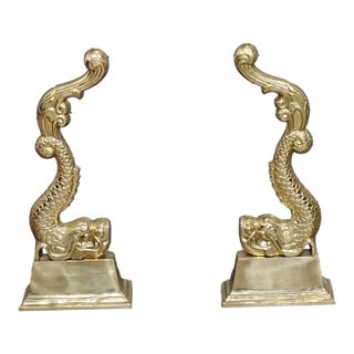 Late 20th Century Cast Brass Andiron Dolphin Koi Fire Dogs For Sale