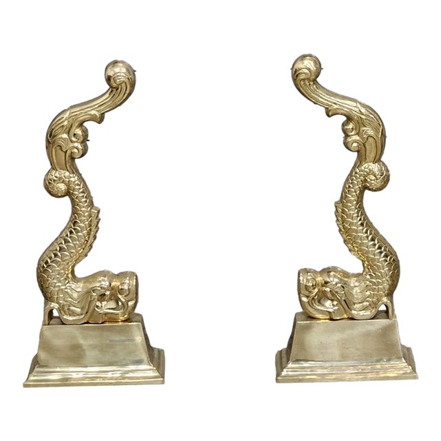 Late 20th Century Cast Brass Andiron Dolphin Koi Fire Dogs For Sale