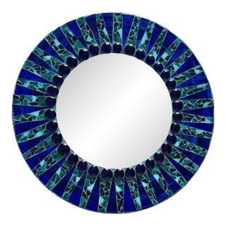 Round Mosaic Wall Mirror Inlaid With Ceramic and Glass Blue and Green Tile. 24 Inches. For Sale
