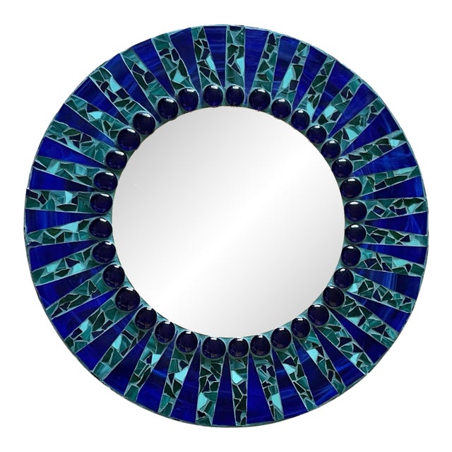 Round Mosaic Wall Mirror Inlaid With Ceramic and Glass Blue and Green Tile. 24 Inches. For Sale