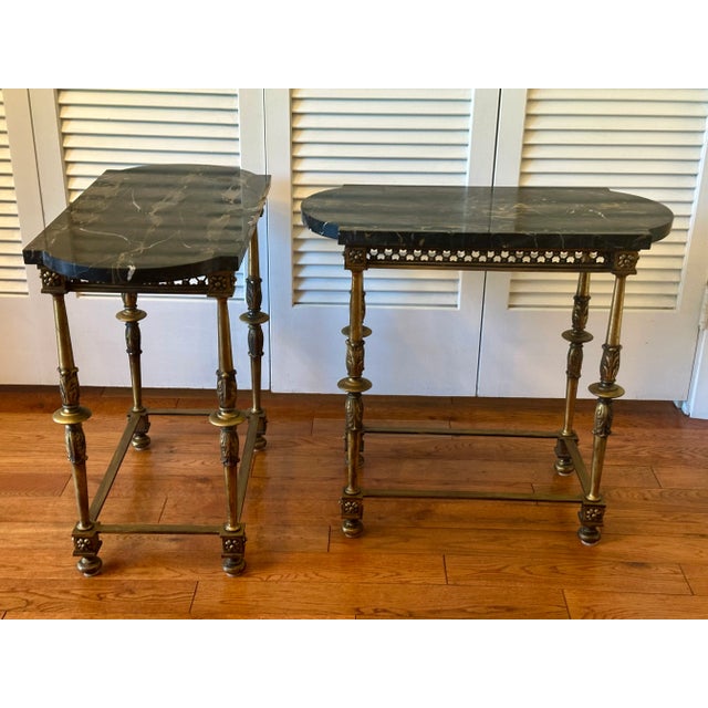 Vintage Italian Portoro Marble Top SideTables With Ornate Gilded Metal Bases - Pair For Sale - Image 4 of 15