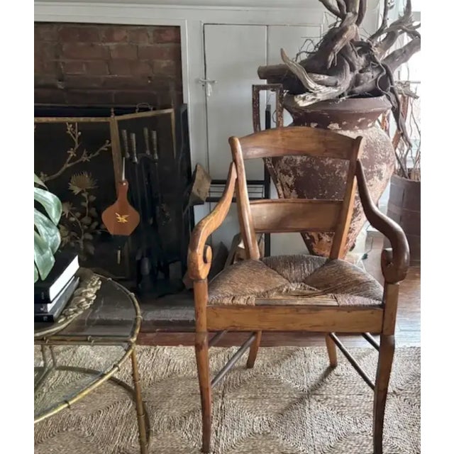 French Scroll Armchair With Rush Seat and Saber Legs For Sale In New York - Image 6 of 11