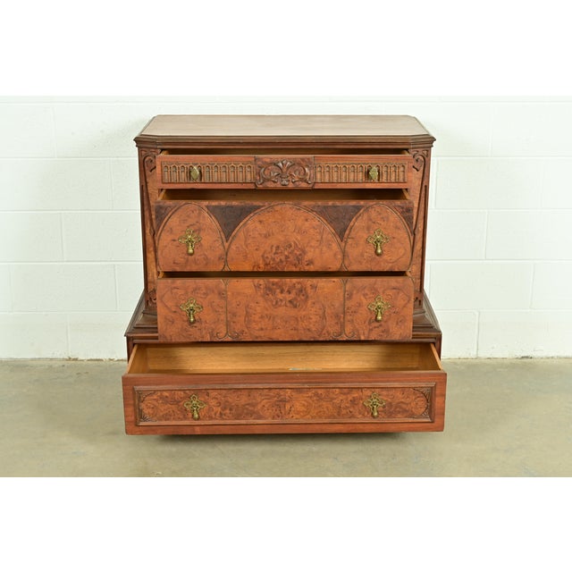 1930s Berkey & Gay Style Antique Victorian Carved Walnut and Burl Wood Chest of Drawers | Circa 1930s For Sale - Image 5 of 15