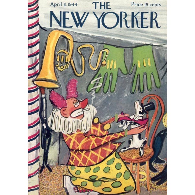 Original vintage New Yorker magazine cover dated April 8, 1944 featuring a Circus Clown and Dog theme. Cover art by Ludwig...