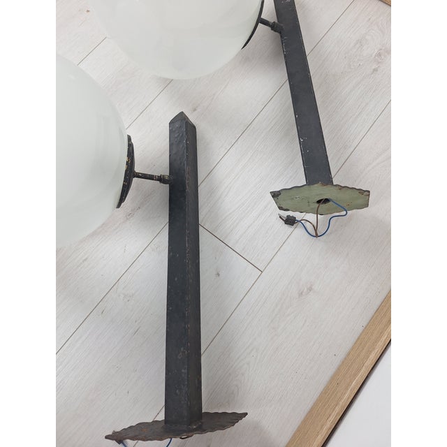 Wall Lamps in Black Lacquered Iron and Brass with Etched Glass Sphere, 1950s, Set of 2 For Sale - Image 6 of 17