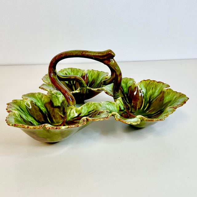Mid 20th Century Vintage Americana Folk Art Majolica Faux Bois Leaf and Branch Relish Dish, 3 Sections. For Sale - Image 5 of 11