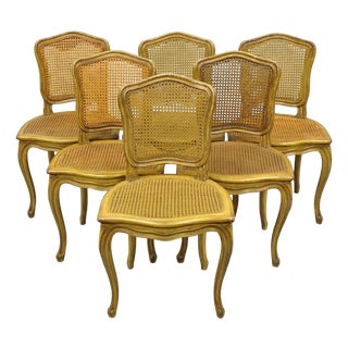Vintage French Provincial Louis XV Style Cane Dining Side Chairs - Set of 6 For Sale