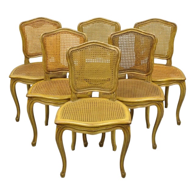 Vintage French Provincial Louis XV Style Cane Dining Side Chairs - Set of 6 For Sale