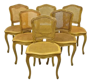 Vintage French Provincial Louis XV Style Cane Dining Side Chairs - Set of 6