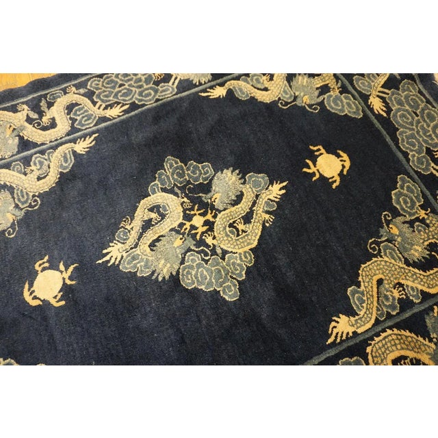 Textile 1900s Blue Navy Dragon Medallion Antique Chinese Peking Carpet 4'8" X 5'10" Knotted Wool Rug For Sale - Image 7 of 15