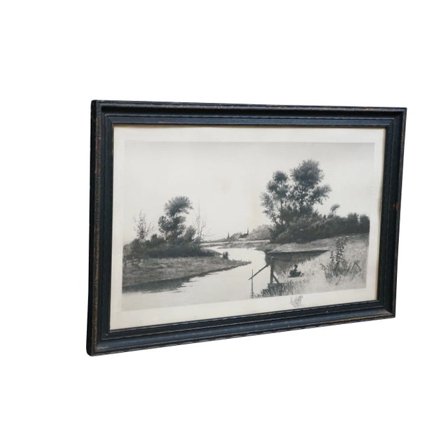 Late 19th century black and white etching by John Octavius Anderson. Country landscape featuring a small dock at the edge...