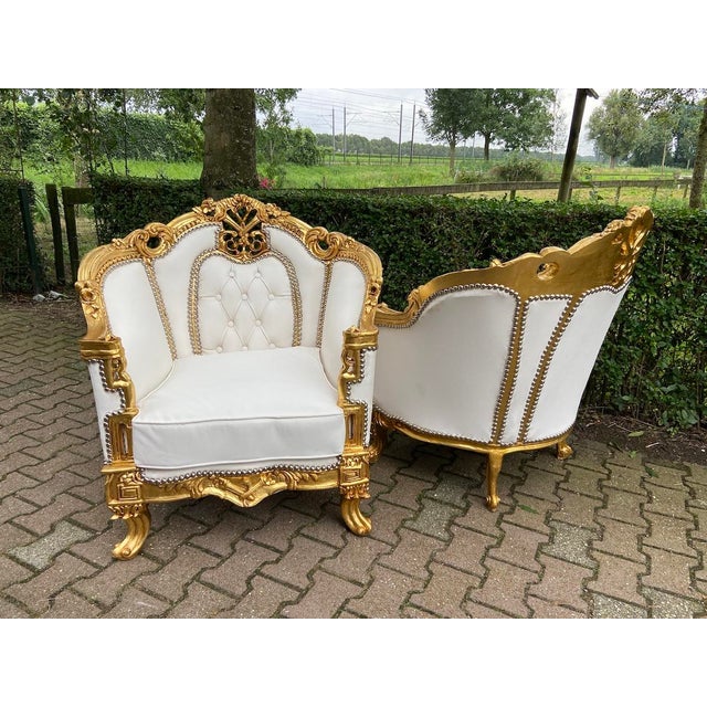 Gold 1950s Artisan Louis XVI Gold Wood Leather Bergères-Pair For Sale - Image 8 of 9